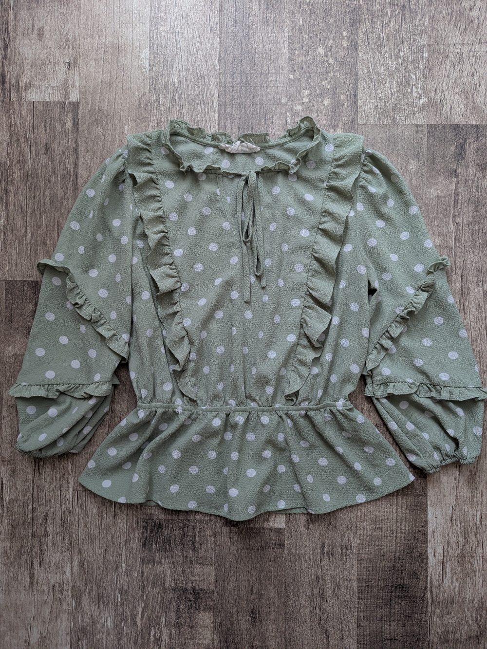 Sweet Wanderer Sage Green Polka Dot Ruffle Blouse